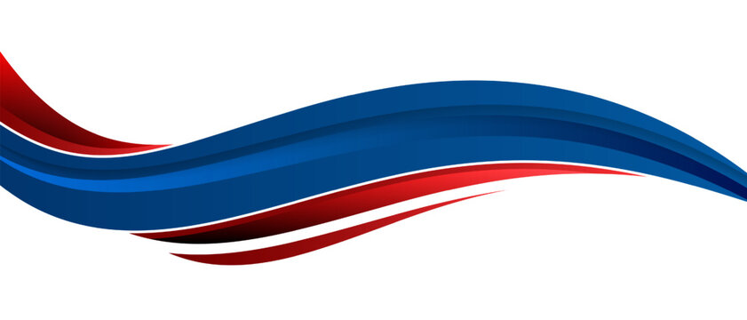 Dynamic red and blue flowing ribbon graphic on white background, layered curved motion vector design for header, footer, or creative advertising template.