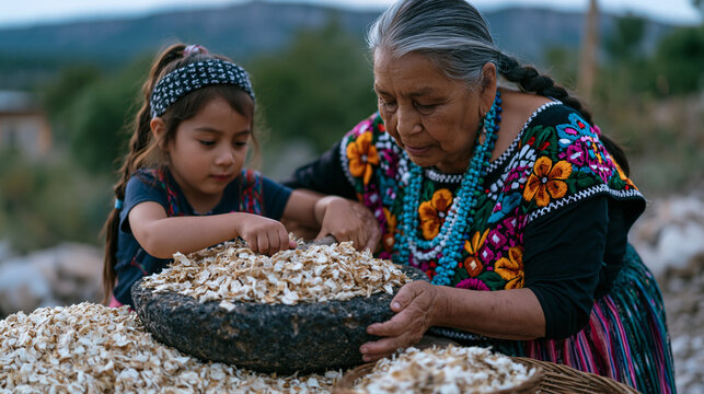 Indigenous elder and young grandchild grinding dried corn together using a traditional stone tool outdoors at dawn, intergenerational food knowledge transmission, cultural food sovereignty, and ance