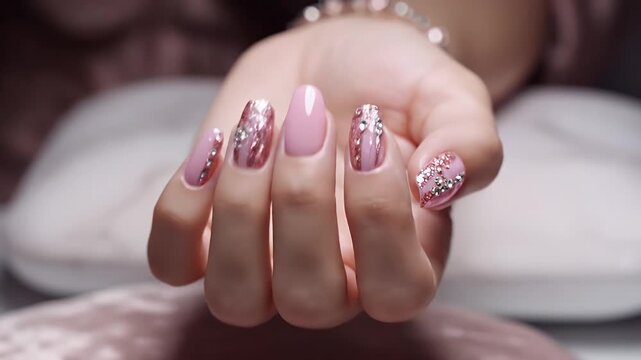 Ultra Close-Up of Glittery Pink Gel Nail Art with Rhinestone Accents on Hands