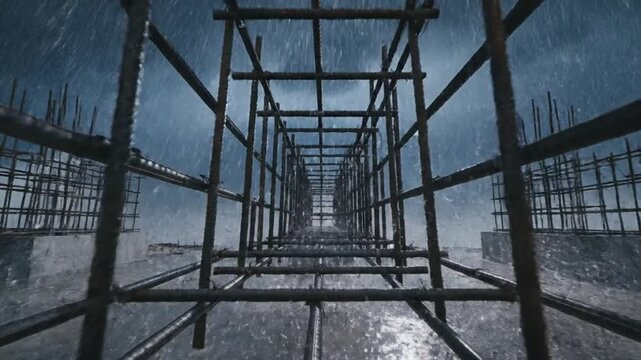 Reinforcing steel rebar framework enduring a severe rainstorm, showcasing construction resilience against elements.