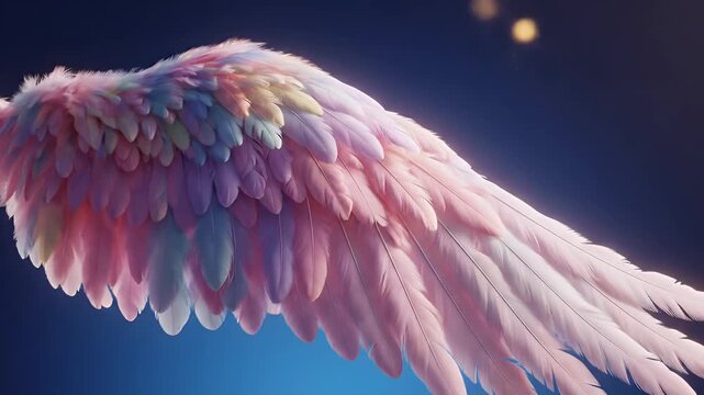 Delicate pink angel wings spread wide against a deep blue gradient backdrop that evokes fantasy and serenity