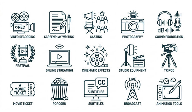 Movie making and video production line icon set vector illustration with text labels.