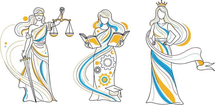 Line drawing of lady justice and allegorical female figures representing law knowledge and power isolated on transparent background