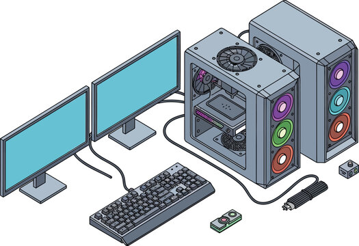 Isometric drawing of a gaming desktop computer setup with dual monitors and open case isolated on transparent background