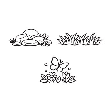Minimalist Nature Elements Icon Set Vector. featuring natural elements including rocks with flowers, grass patch, and butterfly above blooms.