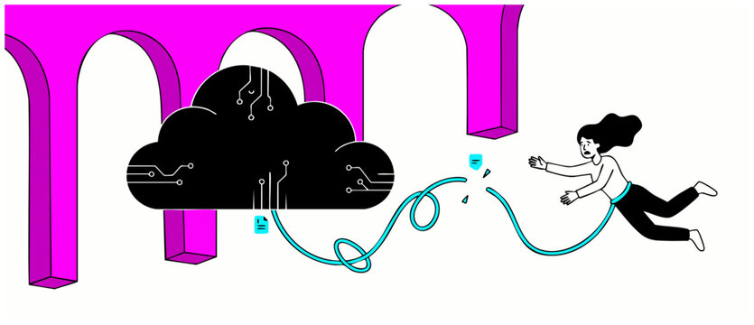 Data connection lost cloud computing woman falling from snapped digital cable, concept of system crash, network offline, server database offline, security breach error vector cartoon illustration.
