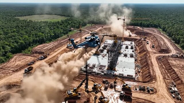 Helicopter surveys vast remote construction project surrounded by forest, showcasing industrial development and ongoing operations.