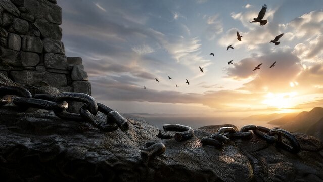 shackle. Broken metal chains on stone with birds flying freely, symbolic contrast under dramatic light. wellbeing guides, coaching materials, designed for coaching and self-improvement content.