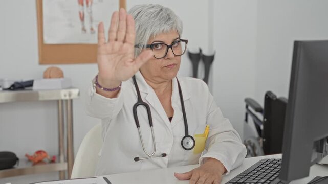 Woman doctor with stethoscope raises hand palm outward in stop gesture at desk in building; professional authority.