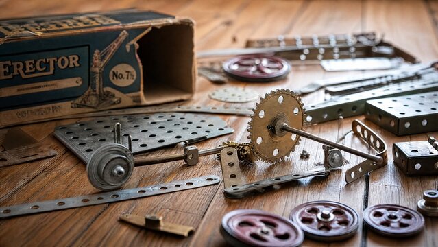 erector. Vintage metal construction toy parts scattered on a wooden floor, focusing on gears and beams. safety posters.
