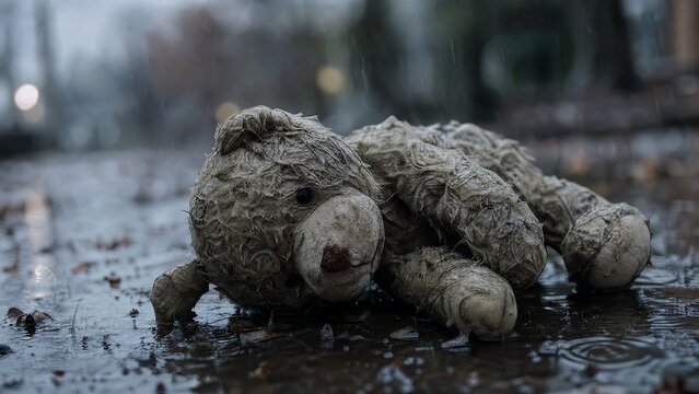 expropriated. A discarded plush toy lying in the rain with wet, matted fur, muted colors. lifestyle magazines, social media lookbooks, designed for lifestyle magazines and social media content.