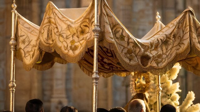 baldachin. A ceremonial procession with a richly decorated fabric canopy held aloft on four poles. event programs, museum guides, designed for cultural heritage projects and event programs.