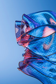3D blue grid shell with transparent layered glass folds