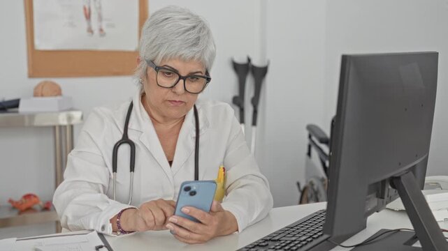 Woman doctor in white coat with stethoscope taps smartphone with hands at desk beside computer monitor and paperwork in building; concentration patient care.