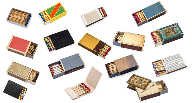 a collection of matchboxes on white background