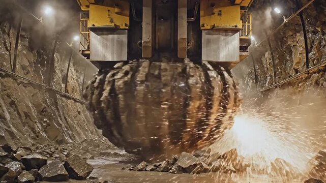 Massive Tunnel Boring Machine Gnawing Through Rock in Underground Construction