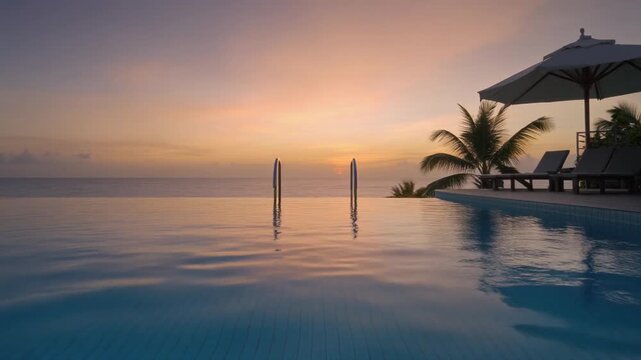 Serene sunset view of infinity pool overlooking ocean with palm trees and lounge chairs