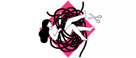 Obraz premium Woman tangled in cables escaping anxiety stress illustration. Minimalist vector art of female figure trapped in messy black cords with scissors cutting her free, symbolizing problem solving and freedo