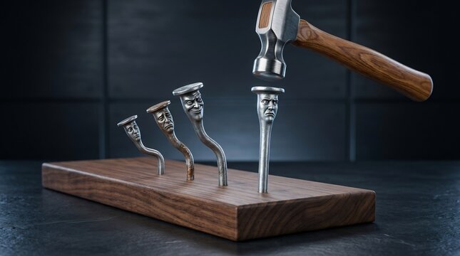 A conceptual metal hammer strikes a straight nail among several bent nails with human faces on a dark wooden workbench surface