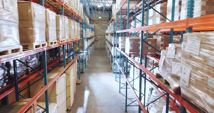 Logistics, shipping and warehouse with inventory, stock or storage for delivery and industry. Distribution. ecommerce, supply chain with boxes or packages on shelves in empty depot for retail