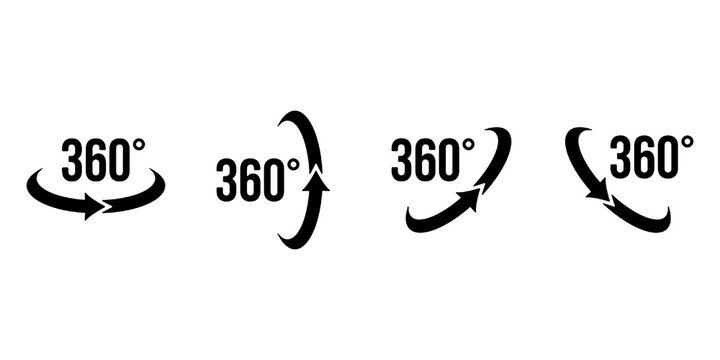 360 rotation icon set. 360 degree rotate vector illustration. 360 angle arrow pictogram. Panorama view symbol. Full turn sign. Full cycle 3D arrow rotation. Circle spin concept.