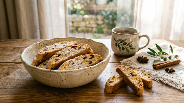 Delicious homemade biscotti with nuts and dried fruits served in a ceramic bowl on wooden table