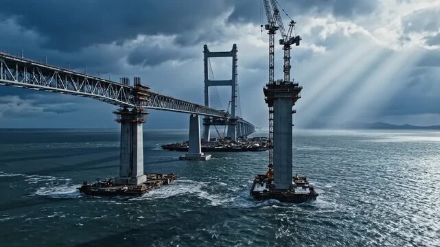 Massive bridge construction underway with colossal piers rising from the sea, showcasing advanced engineering and a dedicated workforce