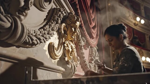 Historic theater's ornate plasterwork receiving detailed restoration by a dedicated worker