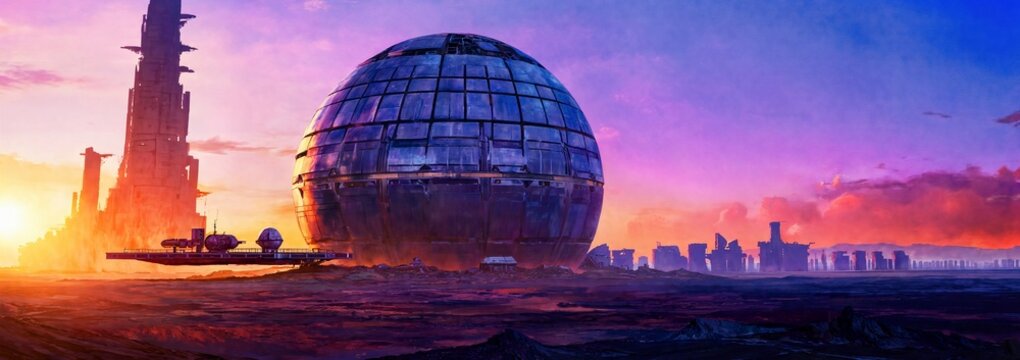Sci Fi Desert Alien Giant Buildings At Sunset