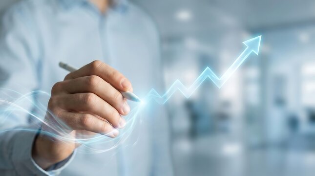Professional's hand using a digital stylus to draw a glowing upward trend, symbolizing business growth, financial success, and future market progress.