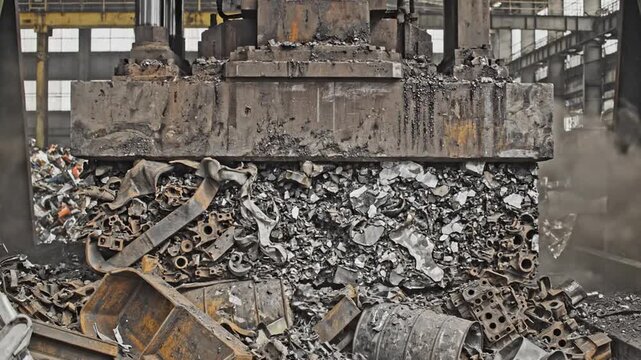 Hydraulic Press Compacting Metal Scrap in Industrial Recycling Facility