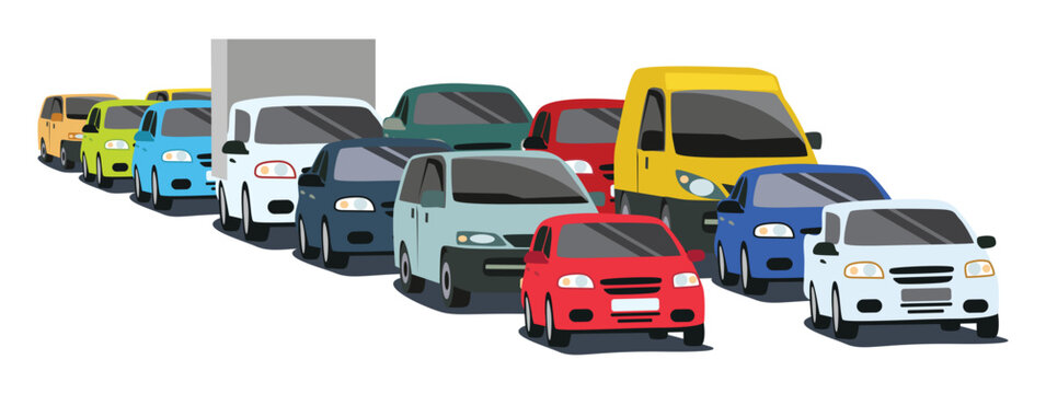 Various cars stuck in a traffic jam, moving in the flow of traffic, or stopped at a traffic light. Hand-drawn vector illustration on a white background.