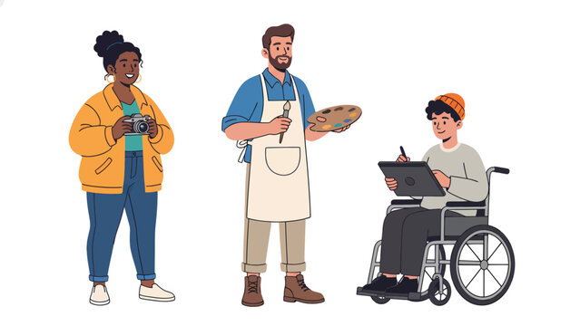 Diverse group of artists with different abilities creating art together.