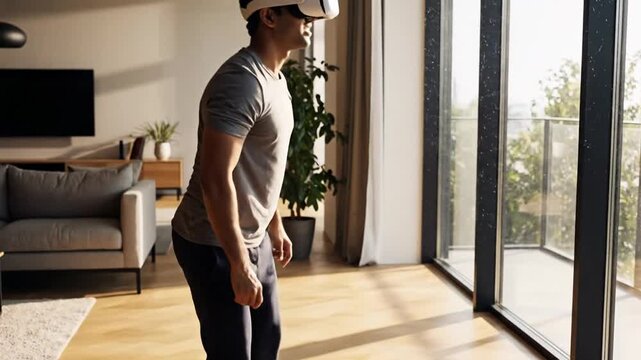 Man experiencing virtual reality in modern living room with VR headset.