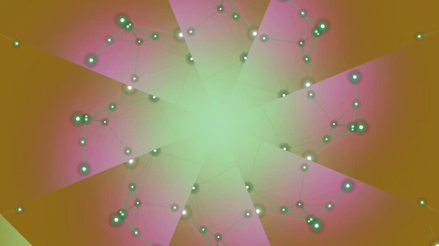 Green light explodes into pink rays with green dots floating outward in space