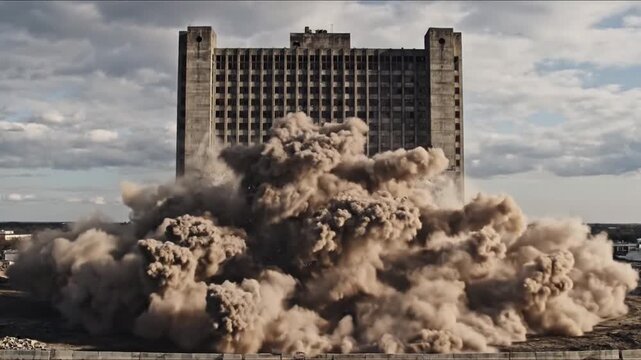 Massive building demolition with controlled explosions and large dust cloud over urban landscape