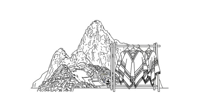 Detailed Black and White Drawing of Mountain and Ponchos.