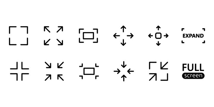 Fullscreen icon set. Expand and minimize screen view with directional arrows vector illustration. Resize and adjust display symbol. Zoom control sign. Screen mode adjustment pictogram.