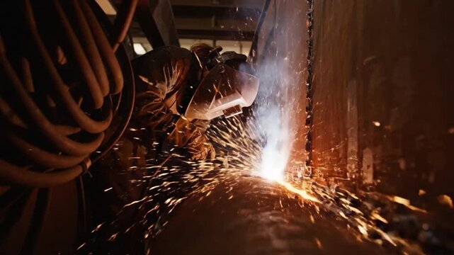 Skilled Welder in Protective Gear Performing Arc Welding in a Tight Industrial Space, Creating Bright Sparks and Intense Heat