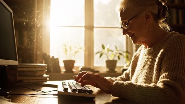 Elderly Woman Typing on Computer Keyboard in Warm Sunlight at Home.