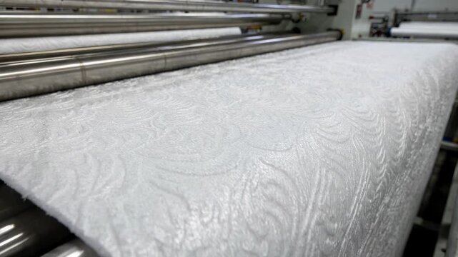 Embossed polystyrene foam sheets moving along a roller line highlighting detailed surface patterns and texture during the cooling stage of extrusion.