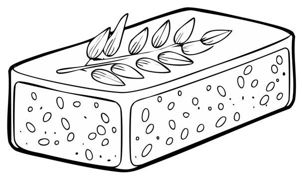 Traditional Rectangle Cake Piece Decorated with Seeds and Plant Sprig Line Art Illustration