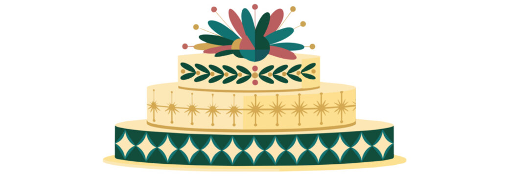 Elegant three tier floral wedding cake illustration with retro geometric decorations in teal and gold on transparent background