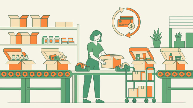 Female Warehouse Worker Packing Boxes on Conveyor.