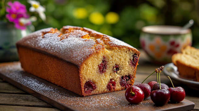 Traditional Cherry Madeira Cake with Powdered Sugar and Fresh Cherries