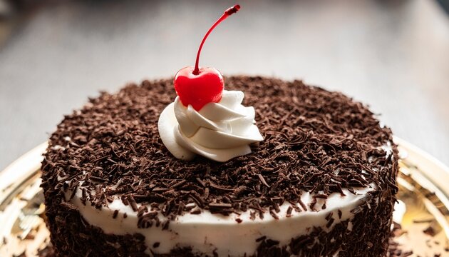 Finishing Touch On A Black Forest Cake As Whipped Cream And A Cherry Are Carefully Placed On Chocolate Shavings