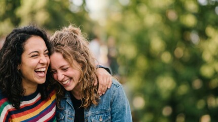 Fototapeta premium Two joyful female friends laughing together outdoors in a sunny park, celebrating friendship and positive emotions