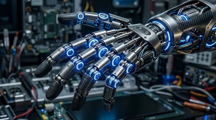 Fototapeta premium Futuristic Robotic Hand with Blue Illumination on Tech Background