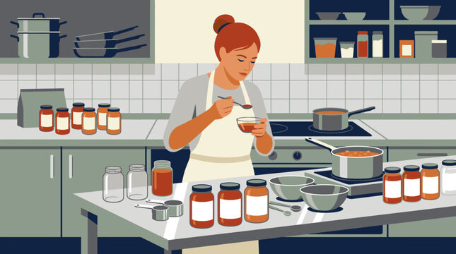 Female artisan tasting jam in apron.