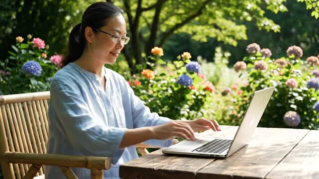 Woman working on laptop in garden, enjoying outdoor office space.